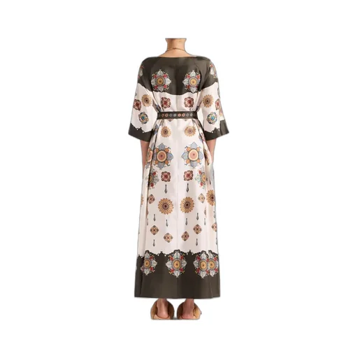 Placed Floral Print Silk Dress