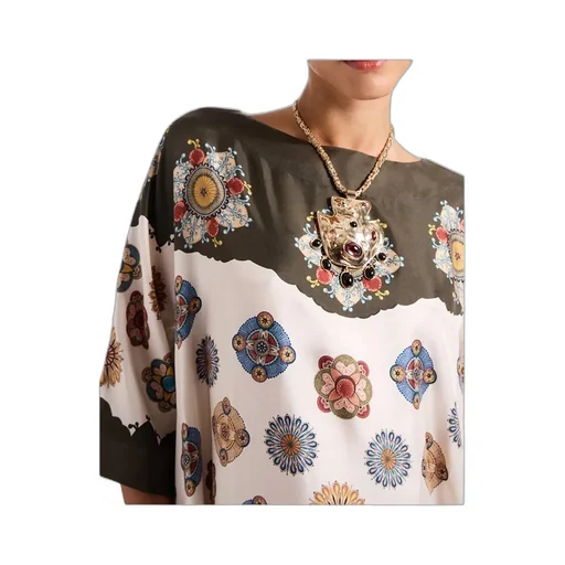 Placed Floral Print Silk Dress