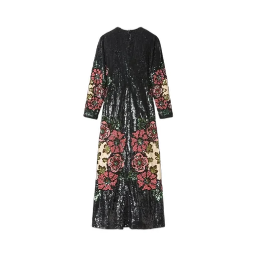 Sequin-Embroidery Floral-Pattern Maxi Dress