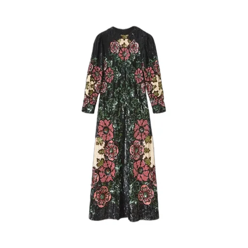 Sequin-Embroidery Floral-Pattern Maxi Dress