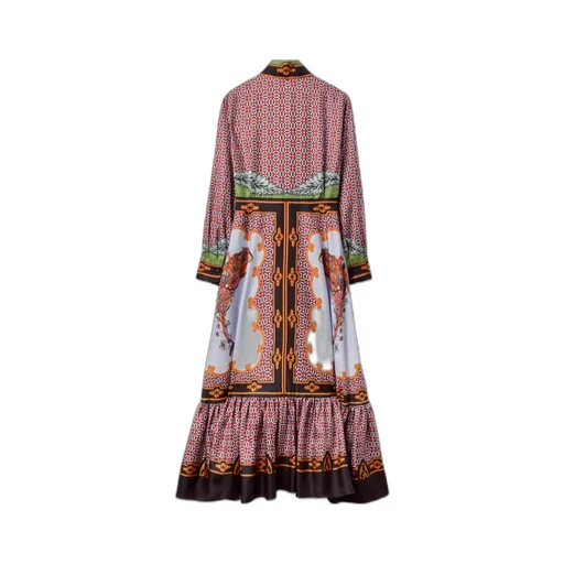 Long-Sleeved Patterned Silk Midi Day Dress