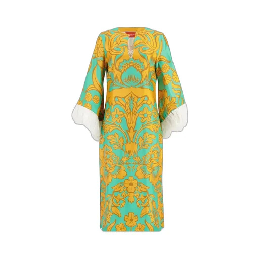 Floral-Print Feather-Trim Silk Kaftan