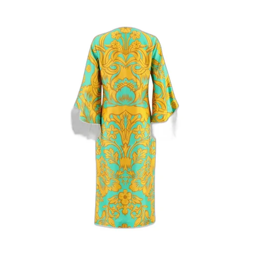 Floral-Print Feather-Trim Silk Kaftan