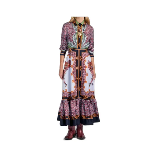 Long-Sleeved Patterned Silk Midi Day Dress