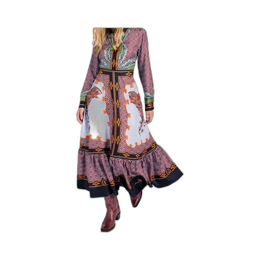 Long-Sleeved Patterned Silk Midi Day Dress