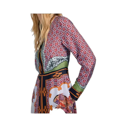 Long-Sleeved Patterned Silk Midi Day Dress