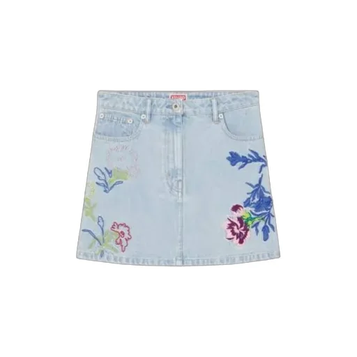 Floral Embroidered Buttoned Denim Mini Skirt