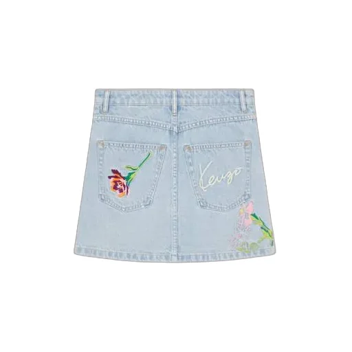 Floral Embroidered Buttoned Denim Mini Skirt