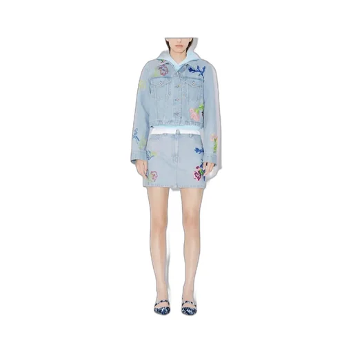 Floral Embroidered Buttoned Denim Mini Skirt