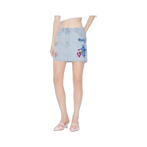 Floral Embroidered Buttoned Denim Mini Skirt