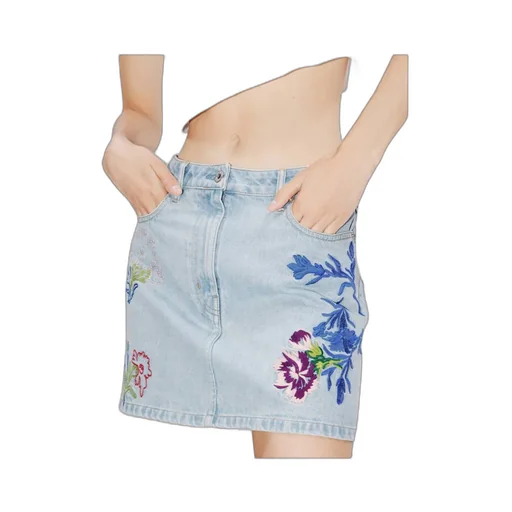 Floral Embroidered Buttoned Denim Mini Skirt