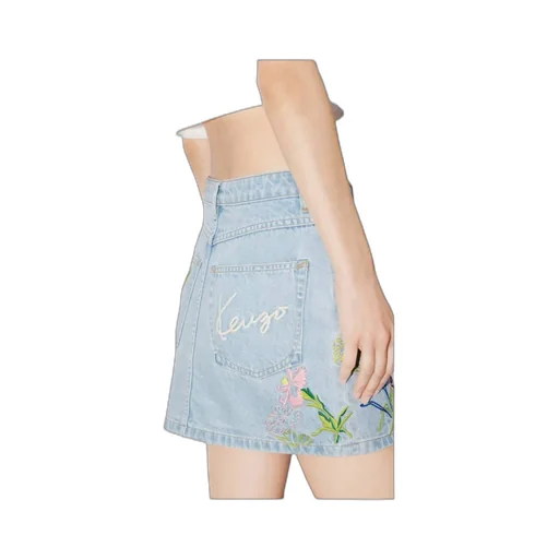 Floral Embroidered Buttoned Denim Mini Skirt
