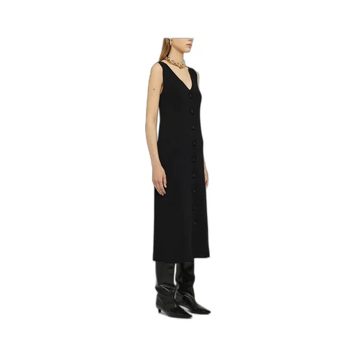 V-Neck Buttoned Ribbed Midi Dress