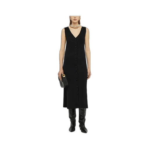 V-Neck Buttoned Ribbed Midi Dress