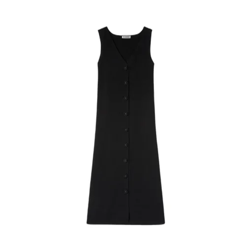 V-Neck Buttoned Ribbed Midi Dress