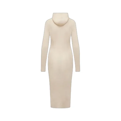 Long-Sleeved Ribbed-Knitted Hooded Midi Dress