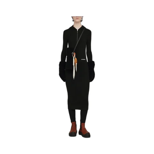 Long-Sleeved Ribbed-Knitted Hooded Midi Dress