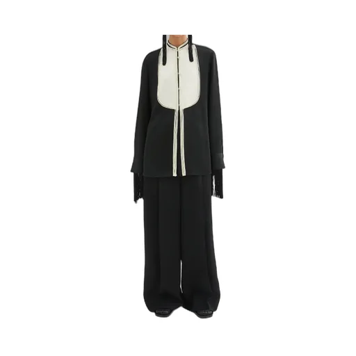 Contrast-Bib Detailed Satin Shirt
