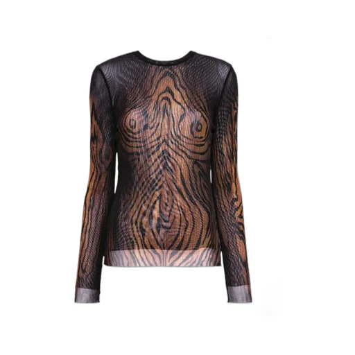 Mesh Long Sleeves Top Printed Wood