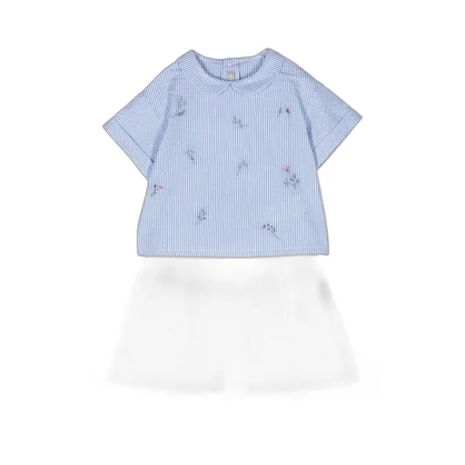 Striped Floral-Embroidery Shorts Set