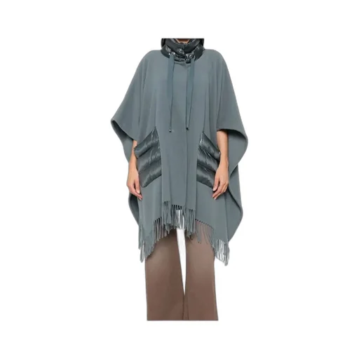 High-Neck Fringed-Edge Drawstring Poncho