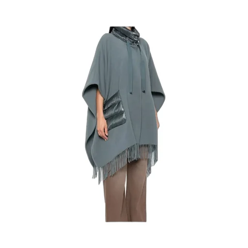 High-Neck Fringed-Edge Drawstring Poncho