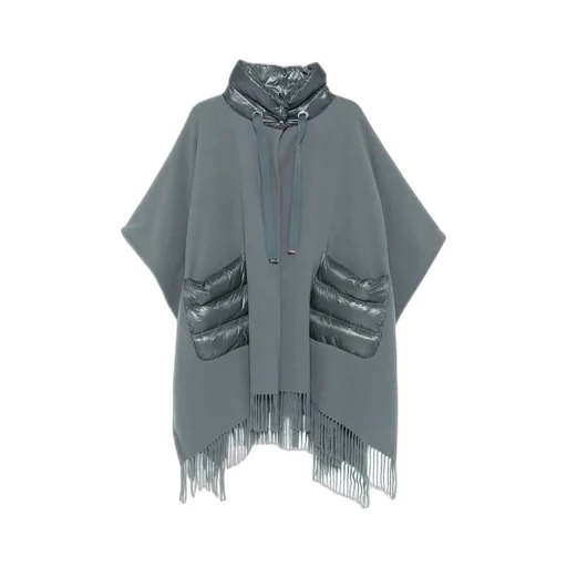 High-Neck Fringed-Edge Drawstring Poncho