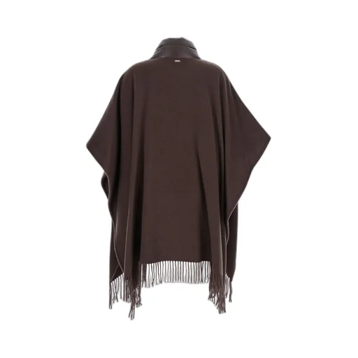 High-Neck Fringed-Edge Drawstring Poncho