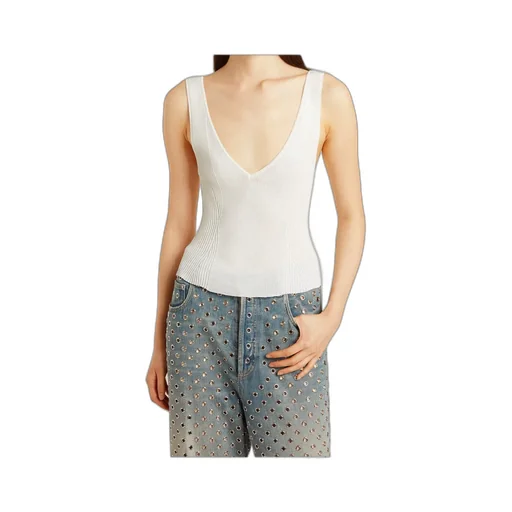 Sleeveless Top Embroidered With Worn-White Ribbing