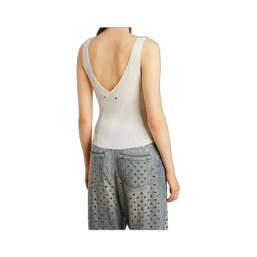 Sleeveless Top Embroidered With Worn-White Ribbing