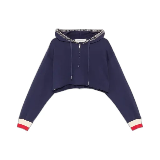 Dark Blue Cropped Sweatshirt With Zip Fastening And Embroidered Hood