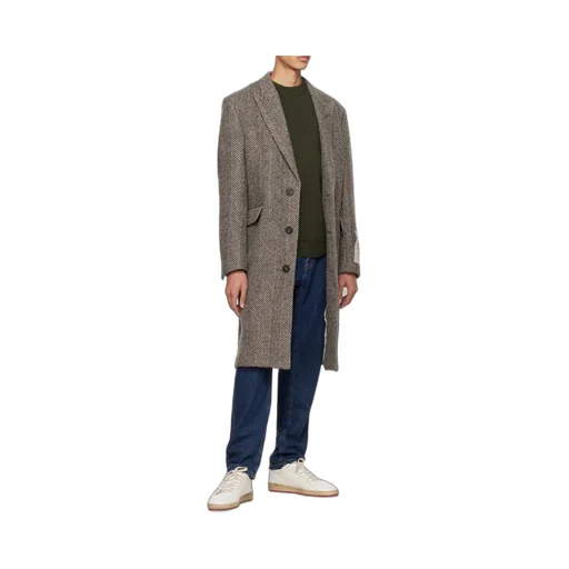 Logo Patch Herringbone Patterned Coat