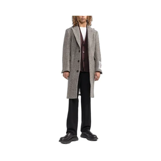 Logo Patch Herringbone Patterned Coat