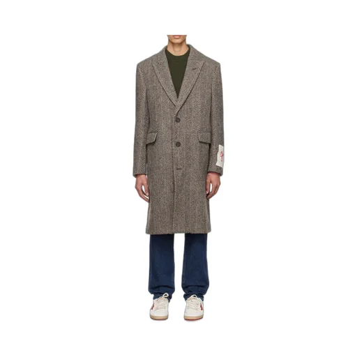 Logo Patch Herringbone Patterned Coat