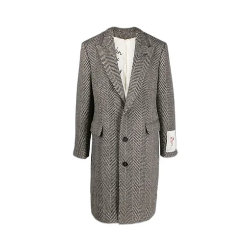 Logo Patch Herringbone Patterned Coat