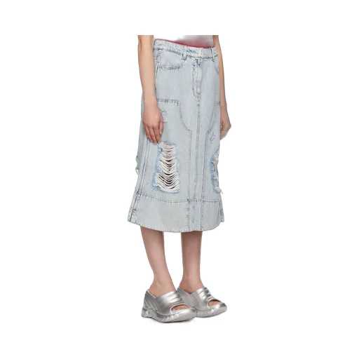 Destroyed-Effect Midi Denim Skirt