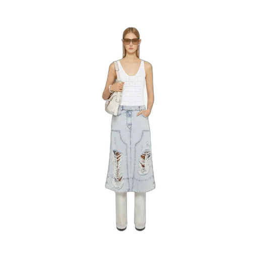 Destroyed-Effect Midi Denim Skirt