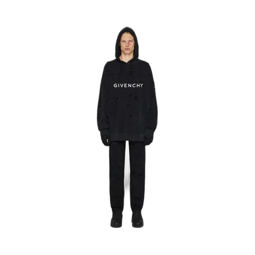 Distressed Logo Printed Drawstring Hoodie