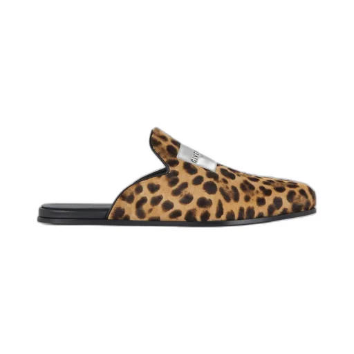 Label Flat Mules In Leather With Leopard Print