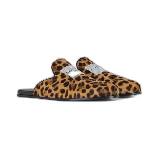 Label Flat Mules In Leather With Leopard Print