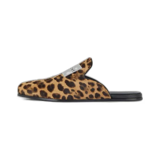 Label Flat Mules In Leather With Leopard Print