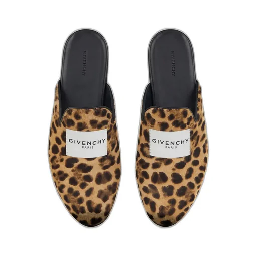 Label Flat Mules In Leather With Leopard Print