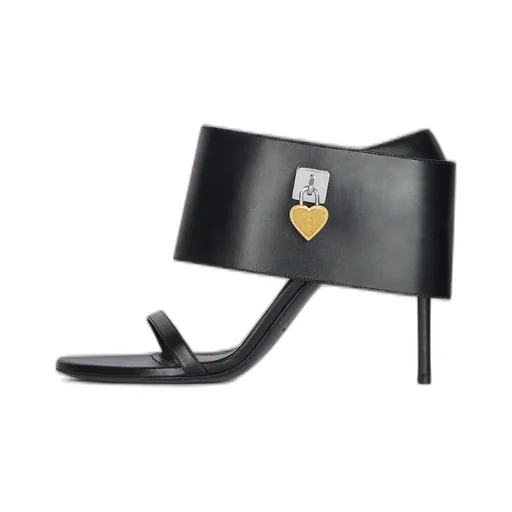 Shark Lock Heart Heeled Sandals In Leather