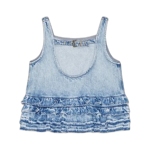 Ruffled Sleeveless Denim Top