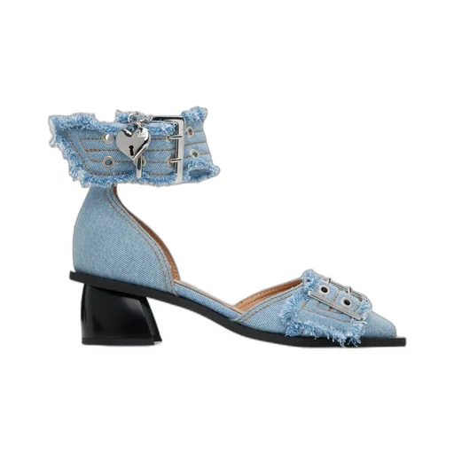 Blue Denim Feminine Buckle Open Cut Pumps