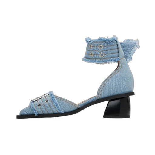 Blue Denim Feminine Buckle Open Cut Pumps
