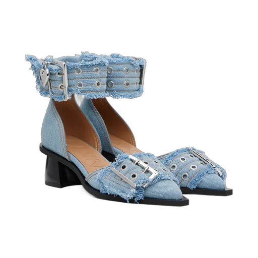 Blue Denim Feminine Buckle Open Cut Pumps