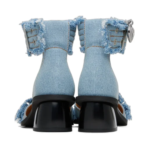 Blue Denim Feminine Buckle Open Cut Pumps