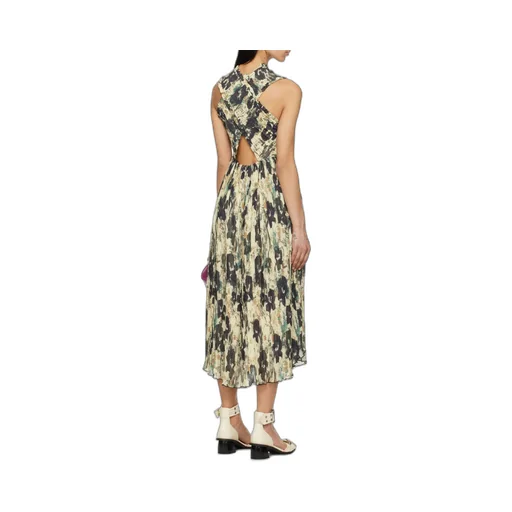 Printed Pleats Smock Midi Straps Dress