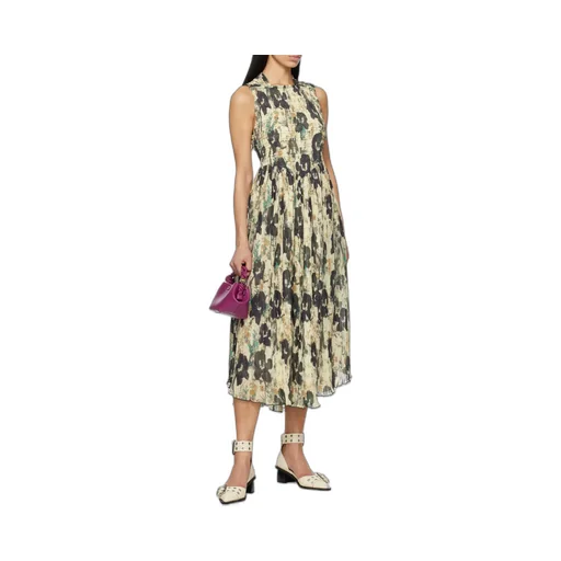 Printed Pleats Smock Midi Straps Dress